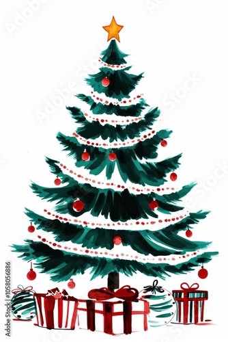 Expressive Illustration of Christmas Tree with Gifts on White Background – Artistic and Festive Holiday Art