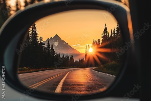 Mountain Road Reflected in Rearview Mirror at Sunrise Creating a Serene Nature Landscape : Generative AI