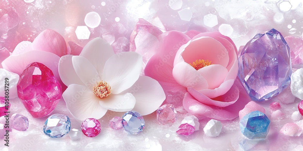 Elegant florals and sparkling gemstones on a soft pastel background Elegant florals and sparkling gemstones on a soft pastel background