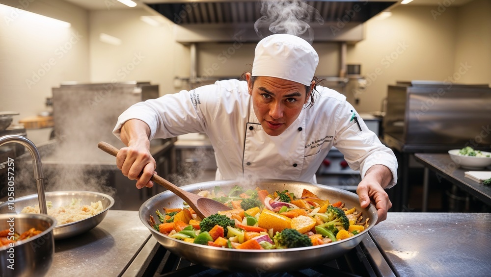 Chef Stir-Frying Vegetables in Restaurant Kitchen
Chef Stir-Frying Vegetables in Restaurant Kitchen