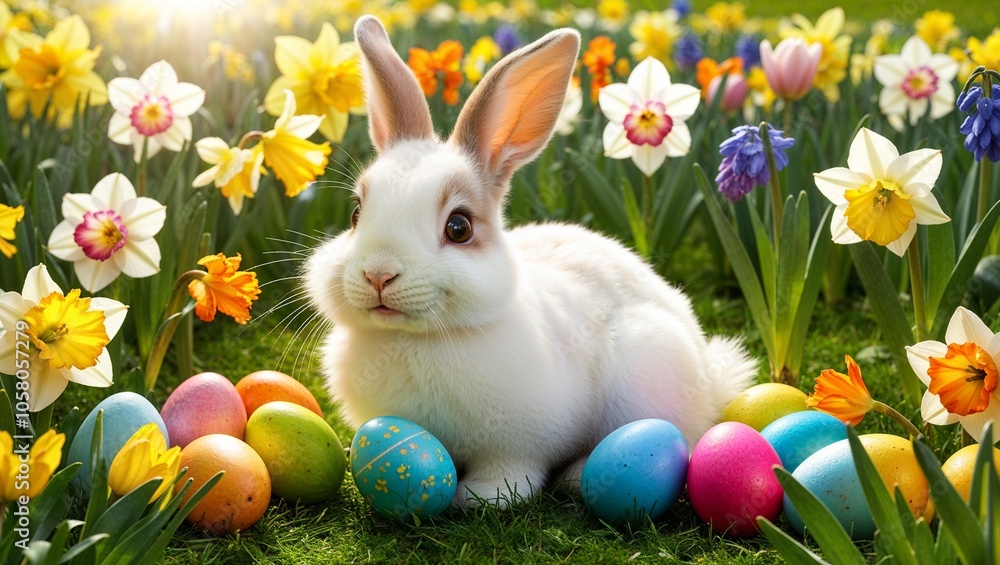 Fototapeta premium A white rabbit sitting among colorful Easter eggs and flowers in a bright, springtime field, symbolizing the joy of Easter.