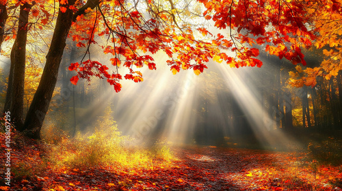 Sunlight streams through the trees in a colorful autumn forest