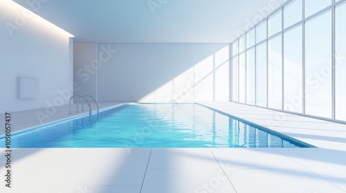 Luxurious spa-like indoor pool with crystal-clear blue water, minimalistic design, floor-to-ceiling windows, sunlight streaming through, serene atmosphere