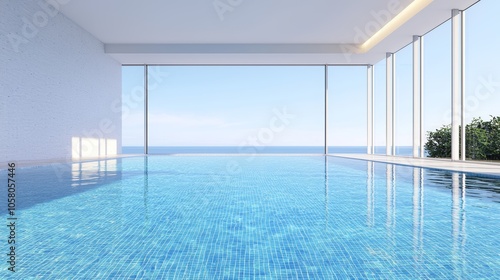 Luxurious spa-like indoor pool with crystal-clear blue water, minimalistic design, floor-to-ceiling windows, sunlight streaming through, serene atmosphere