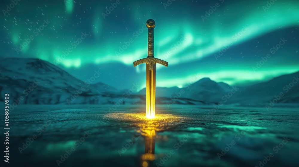 Naklejka premium A golden sword illuminated by a soft glow against a backdrop of vibrant northern lights.