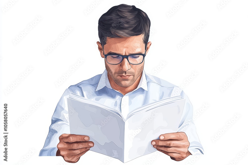 Man in glasses reading a book, focused expression, white isolate background. Man in glasses reading a book, focused expression, white isolate background.