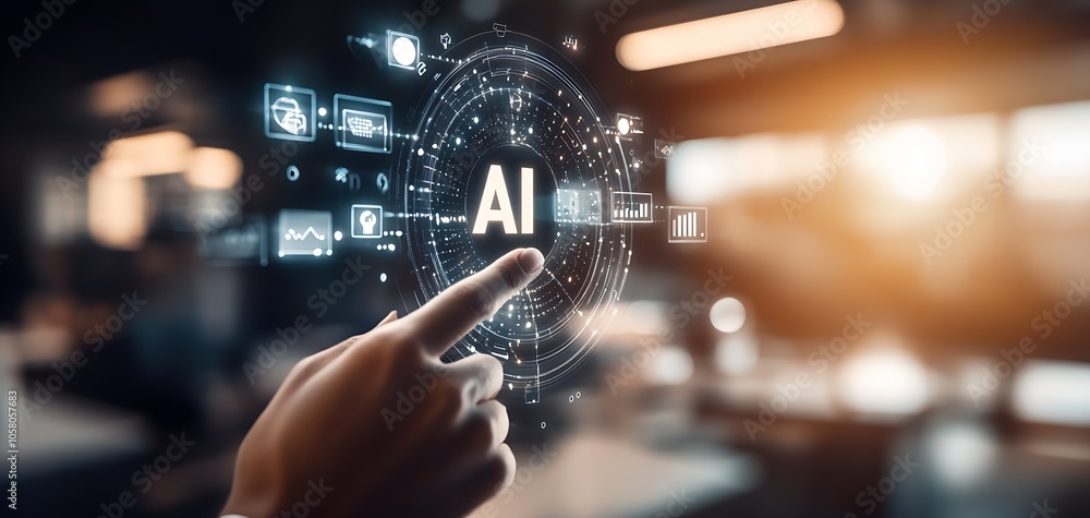 Person interacting with AI technology interface amidst digital elements : Generative AI Person interacting with AI technology interface amidst digital elements : Generative AI