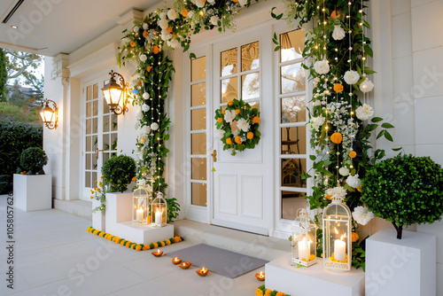 a front door beautifully decorated for Diwali, adorned with warm, glowing diyas and garlands of marigold flowers