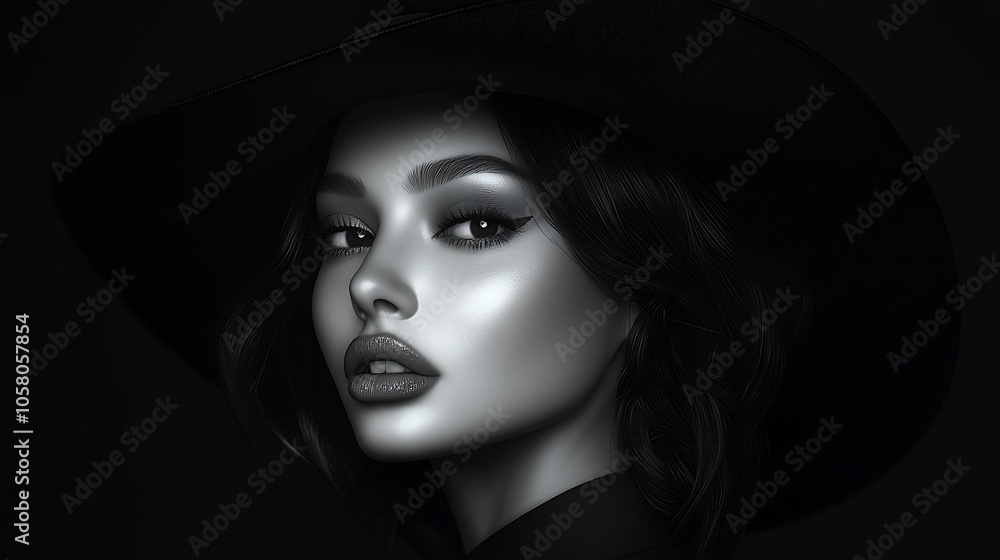 Dramatic Monochrome Portrait of Woman in Fashion Hat with Intense Look : Generative AI Dramatic Monochrome Portrait of Woman in Fashion Hat with Intense Look : Generative AI