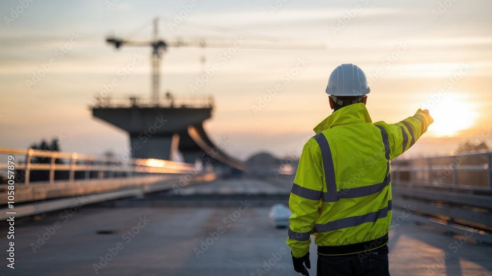 A construction worker in a yellow jacket points to a crane in the background. The scene is set at sunset, creating a mood of calmness and serenity A construction worker in a yellow jacket points to a crane in the background. The scene is set at sunset, creating a mood of calmness and serenity