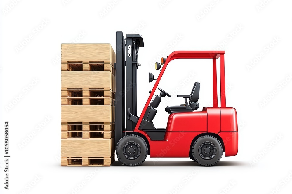 Red forklift lifting wooden pallets, isolated on a white background. Red forklift lifting wooden pallets, isolated on a white background.