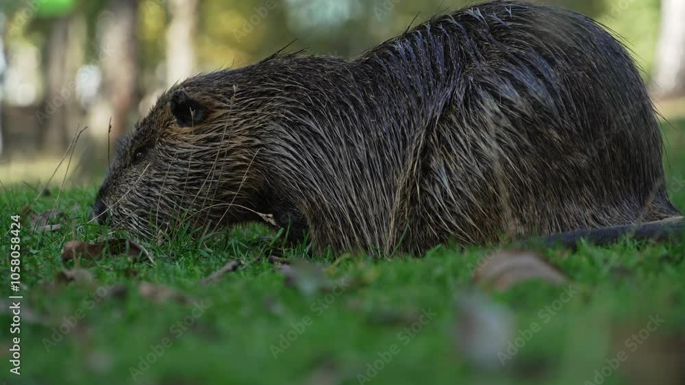 Gray Nutria eats grass while sitting on a lawn. The animal is also called coypu, water rat, semiaquatic rodent or myocastor coypus Gray Nutria eats grass while sitting on a lawn. The animal is also called coypu, water rat, semiaquatic rodent or myocastor coypus