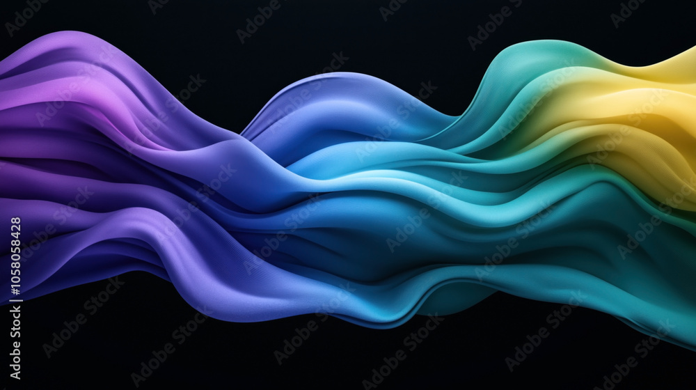 Abstract image of colorful flowing waves with gradient transitions from purple to yellow on a black background, showcasing fluid motion and dynamic curves. Abstract image of colorful flowing waves with gradient transitions from purple to yellow on a black background, showcasing fluid motion and dynamic curves.