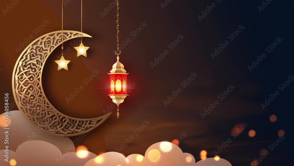 Ramadan Composition with Crescent Moon and Traditional Lantern Glowing, Peaceful Celebration Ramadan Composition with Crescent Moon and Traditional Lantern Glowing, Peaceful Celebration