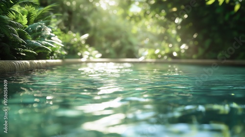 A serene swimming pool reflecting sunlight, surrounded by vibrant green plants.
