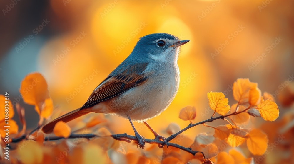 Small bird perched on branch in autumn forest, peaceful scene, golden hour sunlight, beautiful songbird, natural setting, delicate feathers, tranquil moment, fall season, wildlife beauty Small bird perched on branch in autumn forest, peaceful scene, golden hour sunlight, beautiful songbird, natural setting, delicate feathers, tranquil moment, fall season, wildlife beauty
