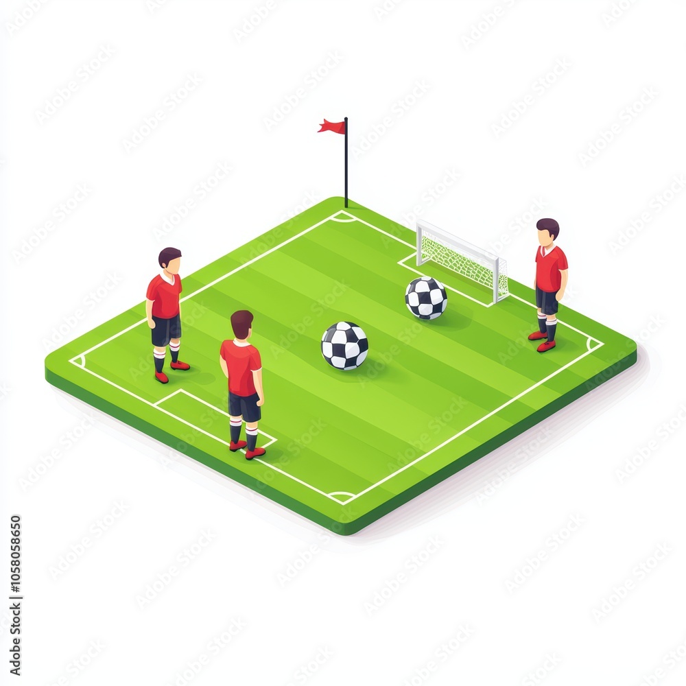 Fototapeta premium Three soccer players on a vibrant field, preparing for a game together with soccer balls and a goal.