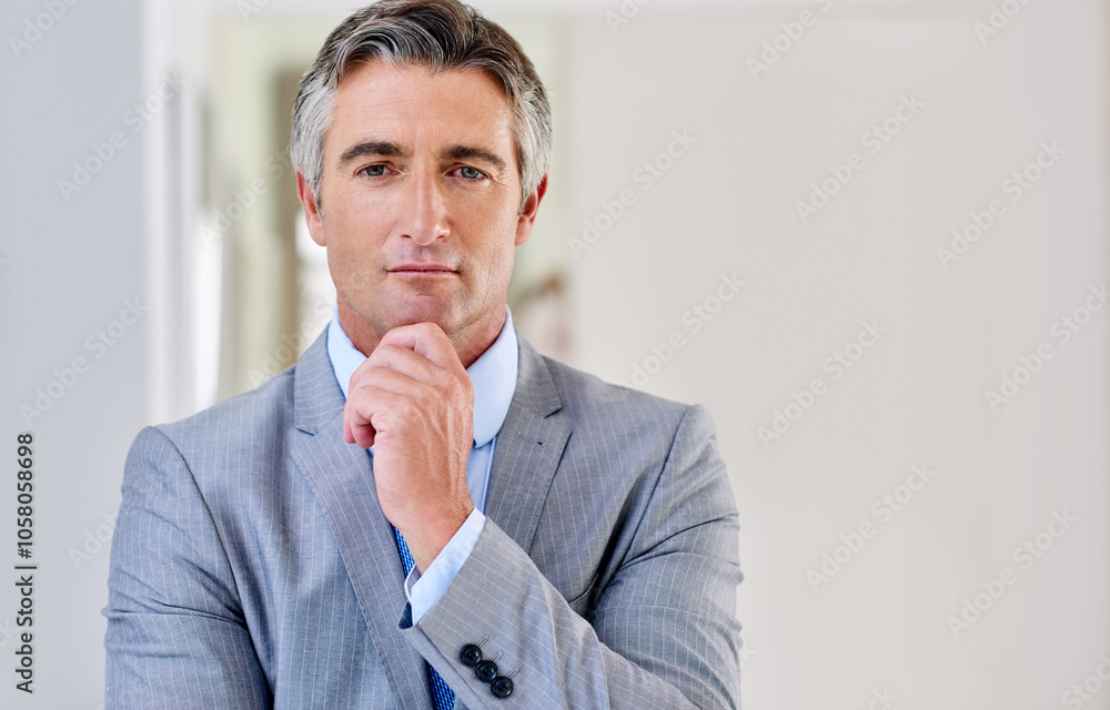 Mature, thinking or portrait of businessman with ideas for inspiration, mission or problem solving. Confident, corporate investor or proud executive with decision or for growth of company in Germany Mature, thinking or portrait of businessman with ideas for inspiration, mission or problem solving. Confident, corporate investor or proud executive with decision or for growth of company in Germany