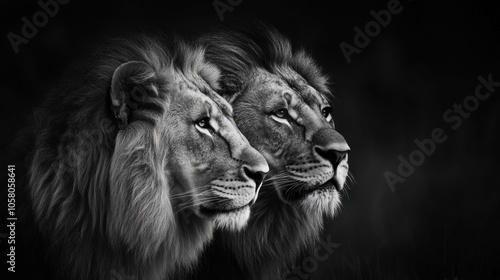 Lion and lioness face-to-face in dramatic lighting, intense gaze, powerful big cats, wild predators, animal kingdom, majestic strength, wildlife portrait, animal rivalry, nature’s beauty, close 