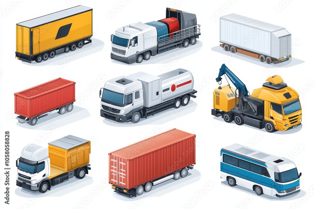 Various colorful trucks and cargo vehicles on a white isolated background. Various colorful trucks and cargo vehicles on a white isolated background.