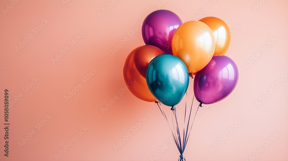 Multi-colored balloons against a neutral background with large negative space for custom text placement. balloon bunch, customizable background Multi-colored balloons against a neutral background with large negative space for custom text placement. balloon bunch, customizable background
