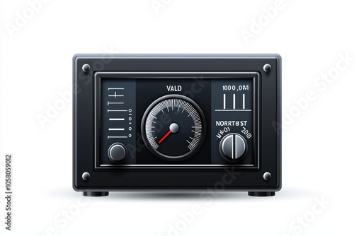 Vintage radio with analog controls and display on a white isolated background.