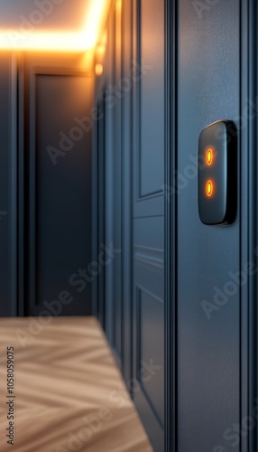 Close-up of a minimalist black door with a glowing orange button in a hallway.