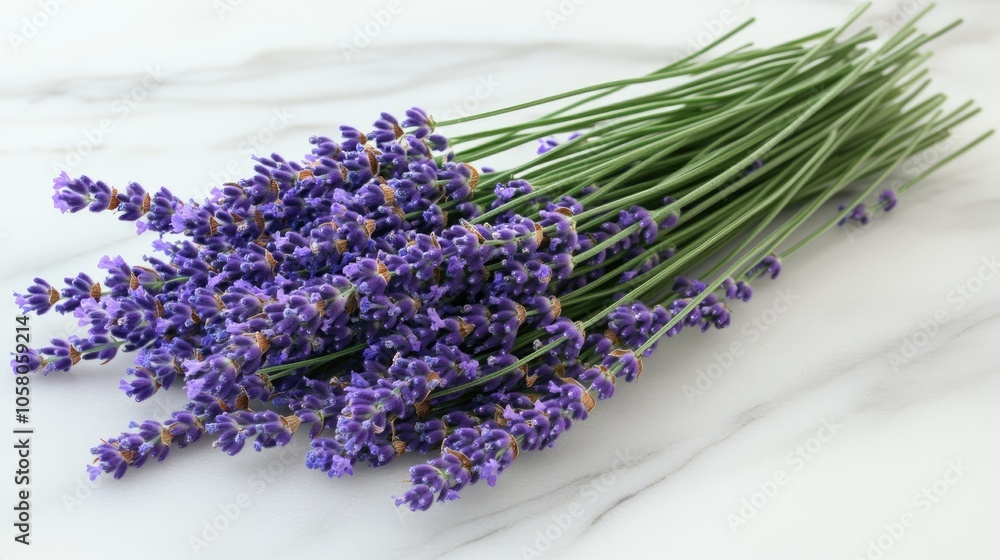 Lavender sprigs are beautifully arranged on a polished marble surface, highlighting their soft purple hues against the grey background Lavender sprigs are beautifully arranged on a polished marble surface, highlighting their soft purple hues against the grey background