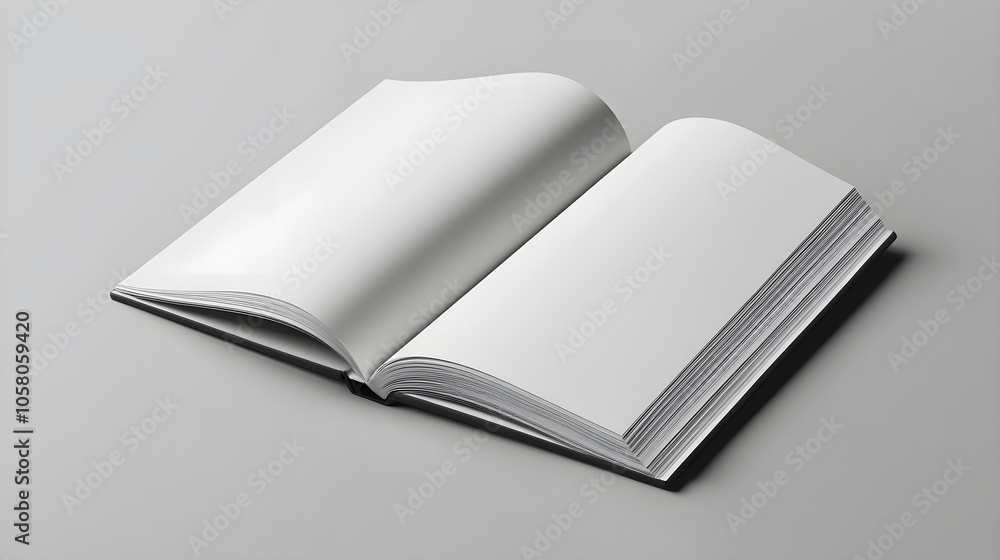 Elegant, minimalist brochures, one open and one closed, resting on a grey background, ideal for clean mockup design with space for text or branding Elegant, minimalist brochures, one open and one closed, resting on a grey background, ideal for clean mockup design with space for text or branding