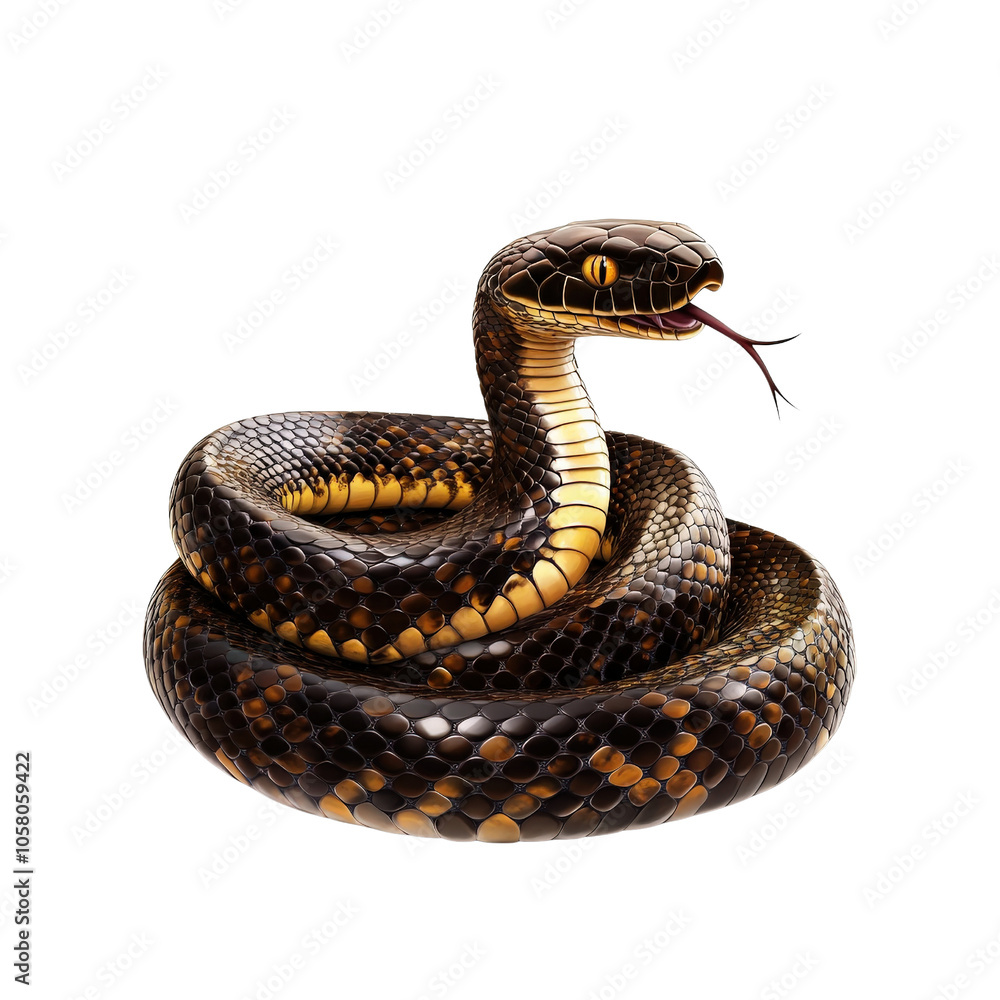 Coiled snake with striking scales, white isolate background Coiled snake with striking scales, white isolate background