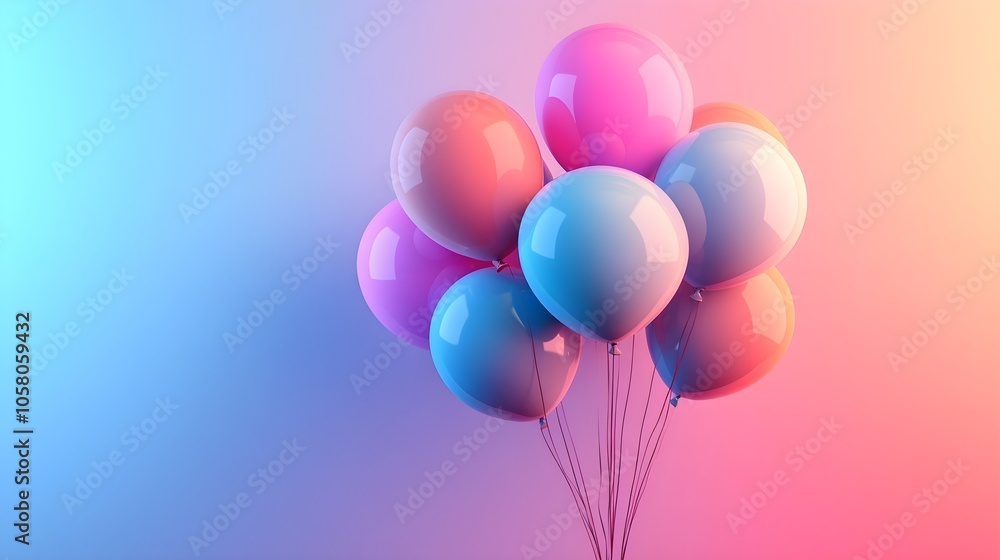 Cluster of bold, bright balloons in neon colors, set against a vibrant gradient background with a large, clean area for text or graphic overlays Cluster of bold, bright balloons in neon colors, set against a vibrant gradient background with a large, clean area for text or graphic overlays