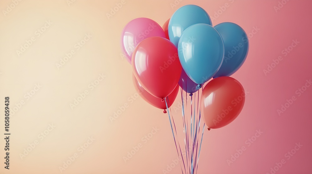 A bunch of helium balloons in vibrant hues, floating against a blank, soft color wall, space for promotional text. colorful balloons, event flyer A bunch of helium balloons in vibrant hues, floating against a blank, soft color wall, space for promotional text. colorful balloons, event flyer