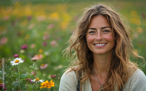 Closeup of a woman smiling in a lush field of summer flowers, embodying the harmony of nature and a healthy lifestyle, with generous copyspace for promotional text