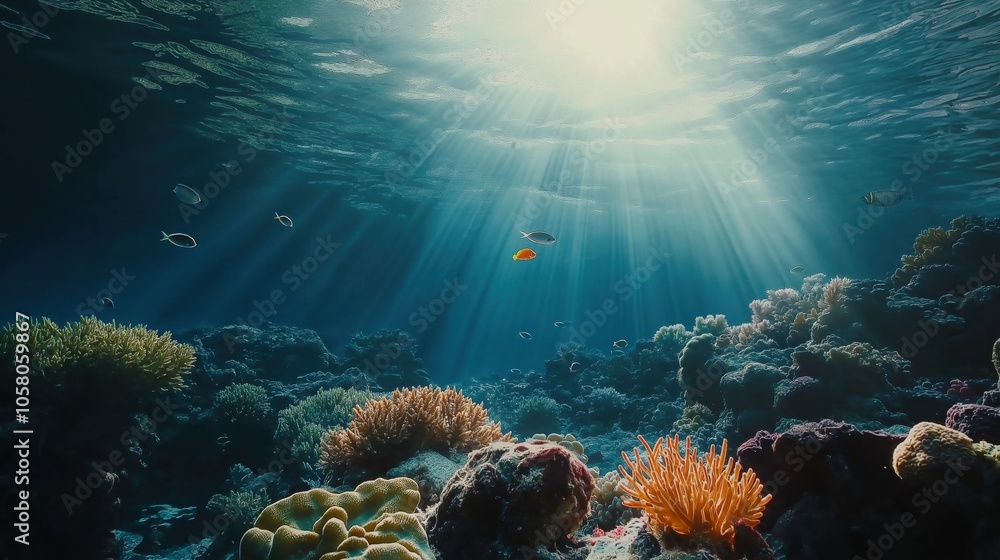 Fototapeta premium A vibrant underwater scene showcasing colorful coral reefs and fish in clear blue water.