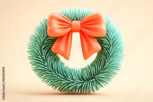 Traditional evergreen Christmas wreath with double red bows representing festive joy and warmth set against a soft beige background to enhance holiday charm photo