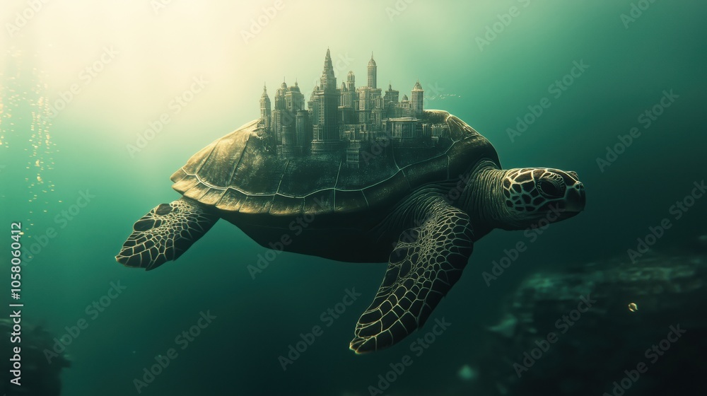 Fototapeta premium A turtle swimming underwater with a city skyline on its back, creating a surreal scene.