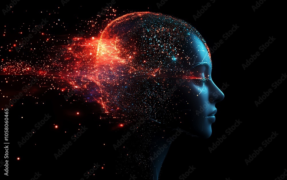 Graphic of two abstract heads connected by glowing circuits, emphasizing the theme of communication and connection fostered by generative AI technology Graphic of two abstract heads connected by glowing circuits, emphasizing the theme of communication and connection fostered by generative AI technology