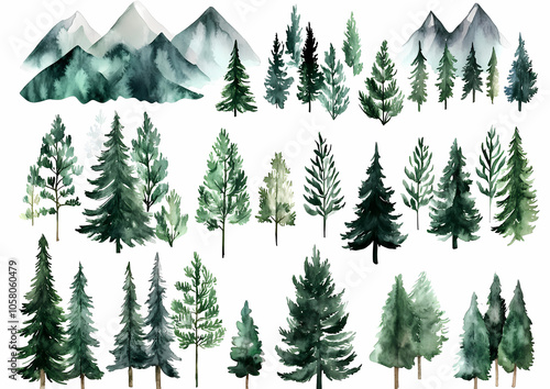 A set of watercolor forest clip art, featuring various trees and mountains in green tones against white backgrounds. 