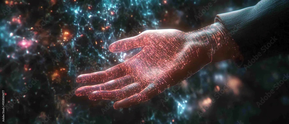 Fototapeta premium Hand reaching out to touch a glowing metaverse universe, with holographic elements and digital grids, representing futuristic technology and digital transformation