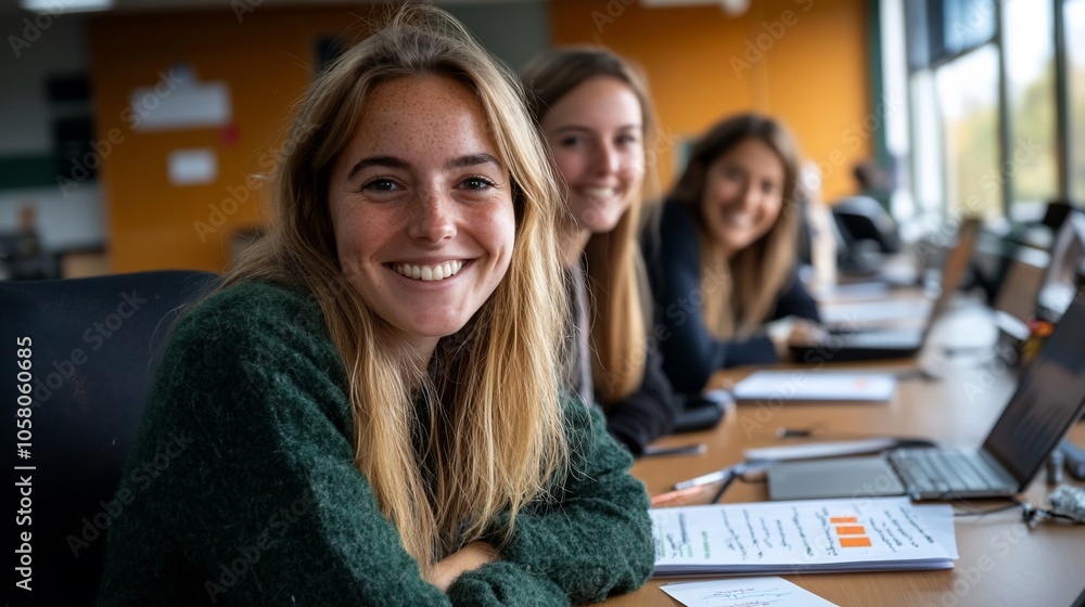 Three young women smiling in a classroom setting. Three young women smiling in a classroom setting.