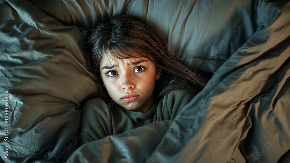 A young girl looks worried while lying in bed A young girl looks worried while lying in bed