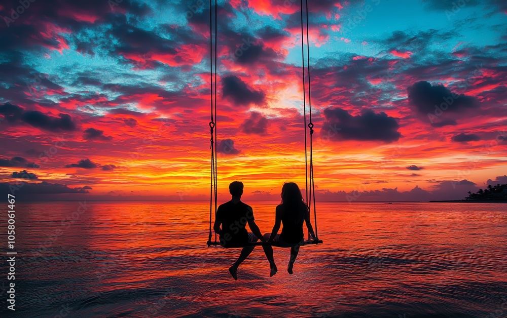 Romantic couple silhouettes on a rope swing at the beach, with a stunning sunset in the background, capturing the magic of love and unforgettable holiday moments Romantic couple silhouettes on a rope swing at the beach, with a stunning sunset in the background, capturing the magic of love and unforgettable holiday moments