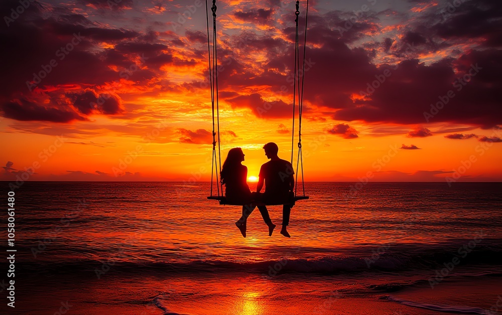 Romantic couple silhouettes on a rope swing at the beach, with a stunning sunset in the background, capturing the magic of love and unforgettable holiday moments Romantic couple silhouettes on a rope swing at the beach, with a stunning sunset in the background, capturing the magic of love and unforgettable holiday moments