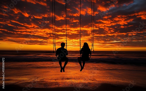 Romantic couple silhouettes on a rope swing at the beach, with a stunning sunset in the background, capturing the magic of love and unforgettable holiday moments photo