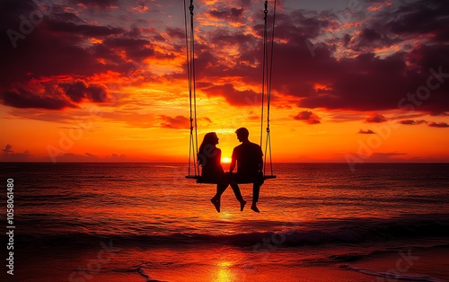 Romantic couple silhouettes on a rope swing at the beach, with a stunning sunset in the background, capturing the magic of love and unforgettable holiday moments photo