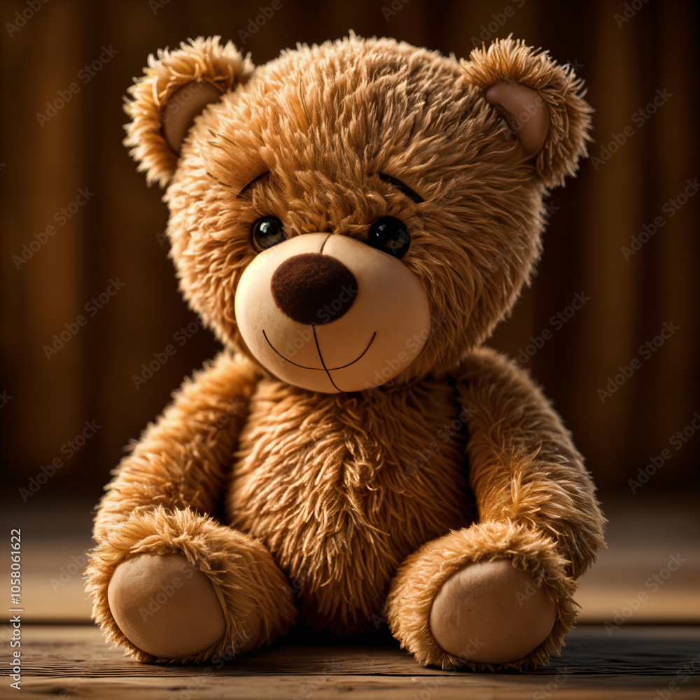Large, brown teddy bear with a black nose and mouth, sitting on a wooden surface. Large, brown teddy bear with a black nose and mouth, sitting on a wooden surface.