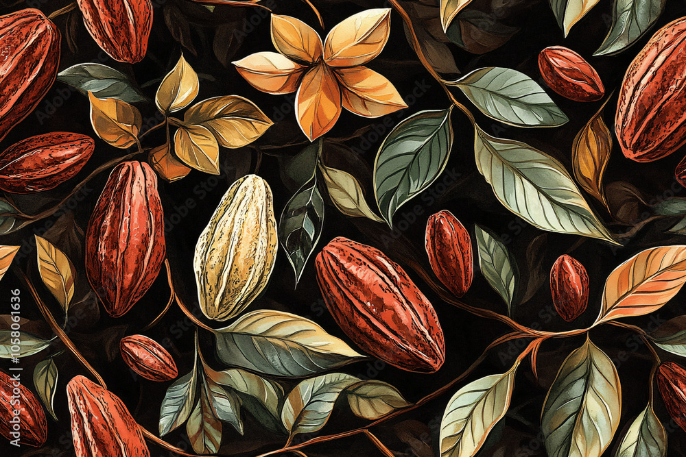 seamless pattern wallpaper of cocoa beans, leaves and branches, on a dark brown background, botanical watercolor style seamless pattern wallpaper of cocoa beans, leaves and branches, on a dark brown background, botanical watercolor style