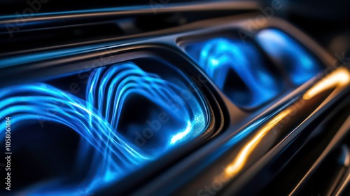 A close-up of car air conditioner vents with streams of blue air flow representing air purification and filtration.