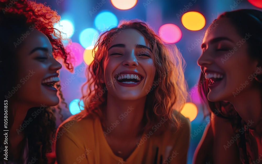 Vibrant scene showing a group of friends laughing and talking Vibrant scene showing a group of friends laughing and talking
