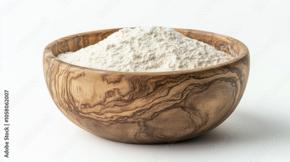 Round wooden bowl filled with fine white flour, ideal for baking-themed visuals, isolated on white background Round wooden bowl filled with fine white flour, ideal for baking-themed visuals, isolated on white background